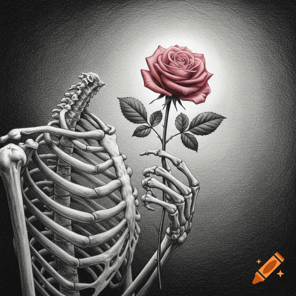 Pencil drawing of a skeleton holding a single red rose against a dark, glowing background.