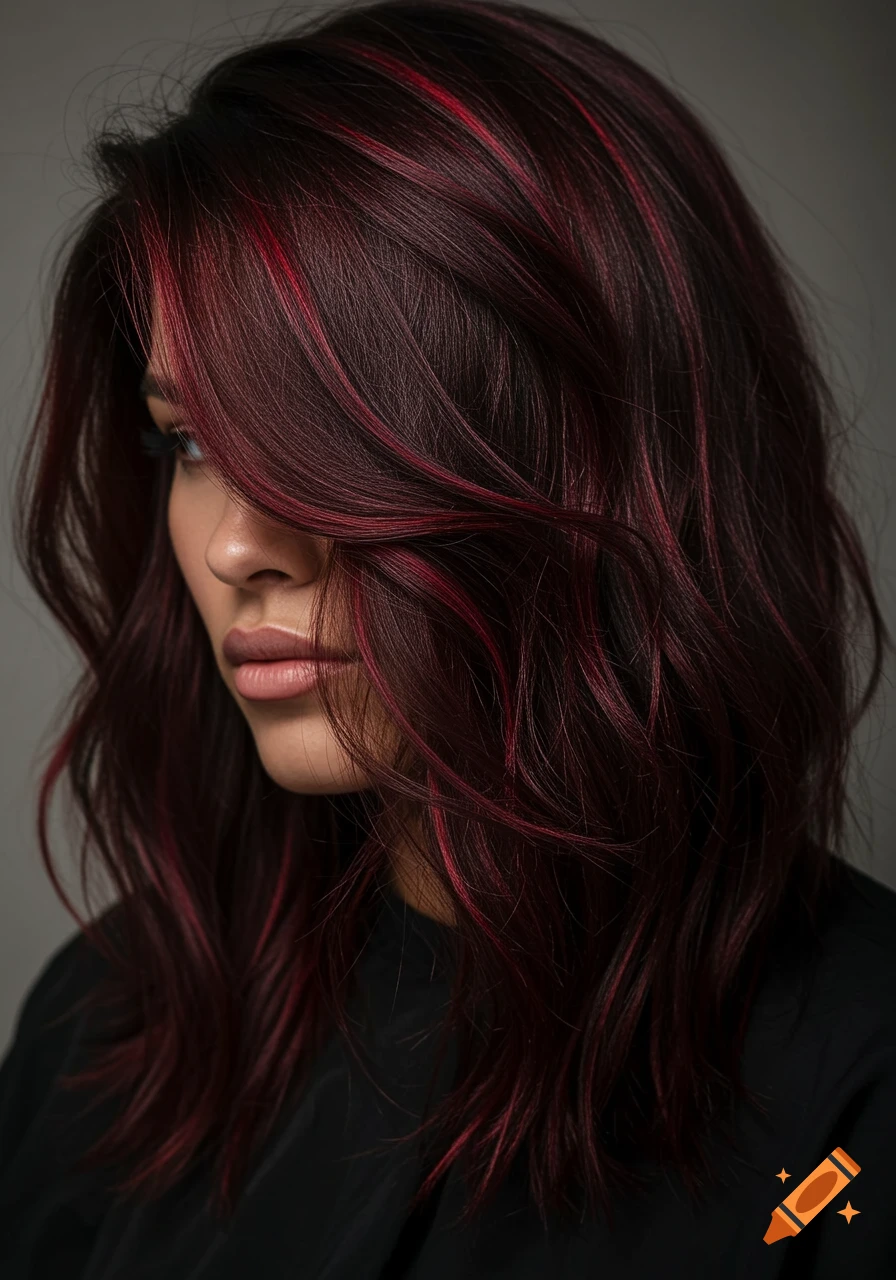 A close-up of a person with dark brunette hair featuring vibrant red and pink partial highlights.