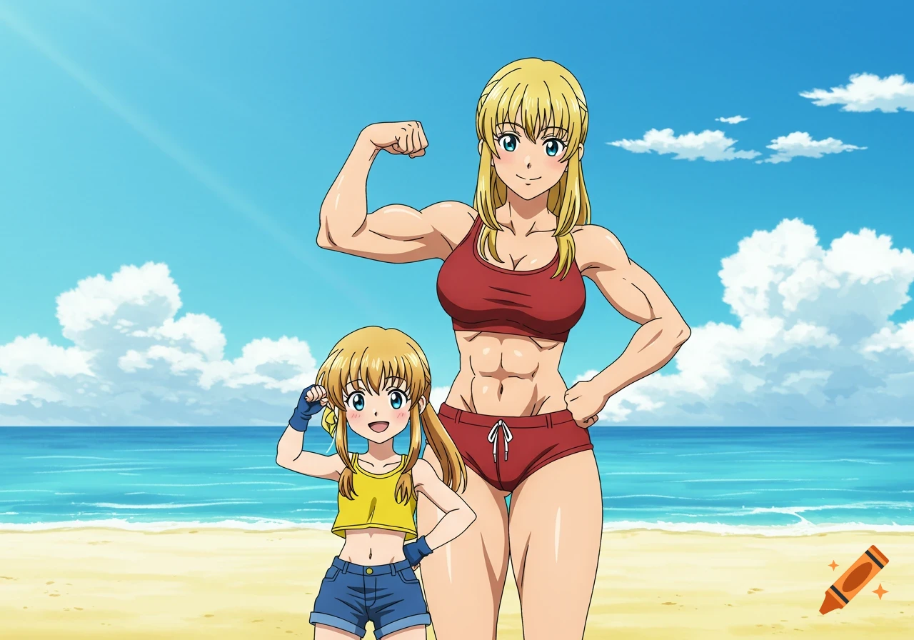 Anime depiction of a muscular woman in a bikini top flexing with a young girl on a sunny beach.