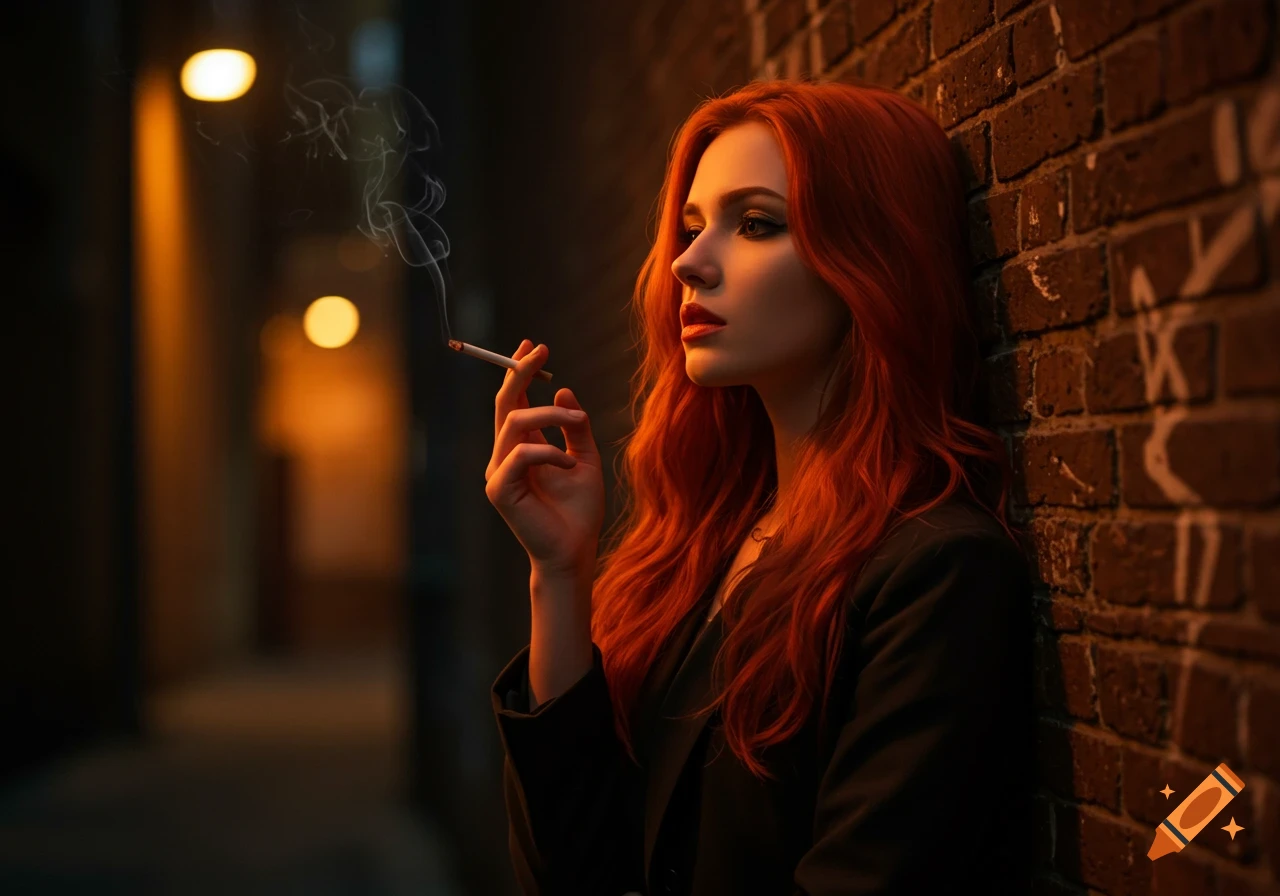 A photorealistic portrait of a red-haired woman smoking, leaning against a brick wall in a dimly lit alley.