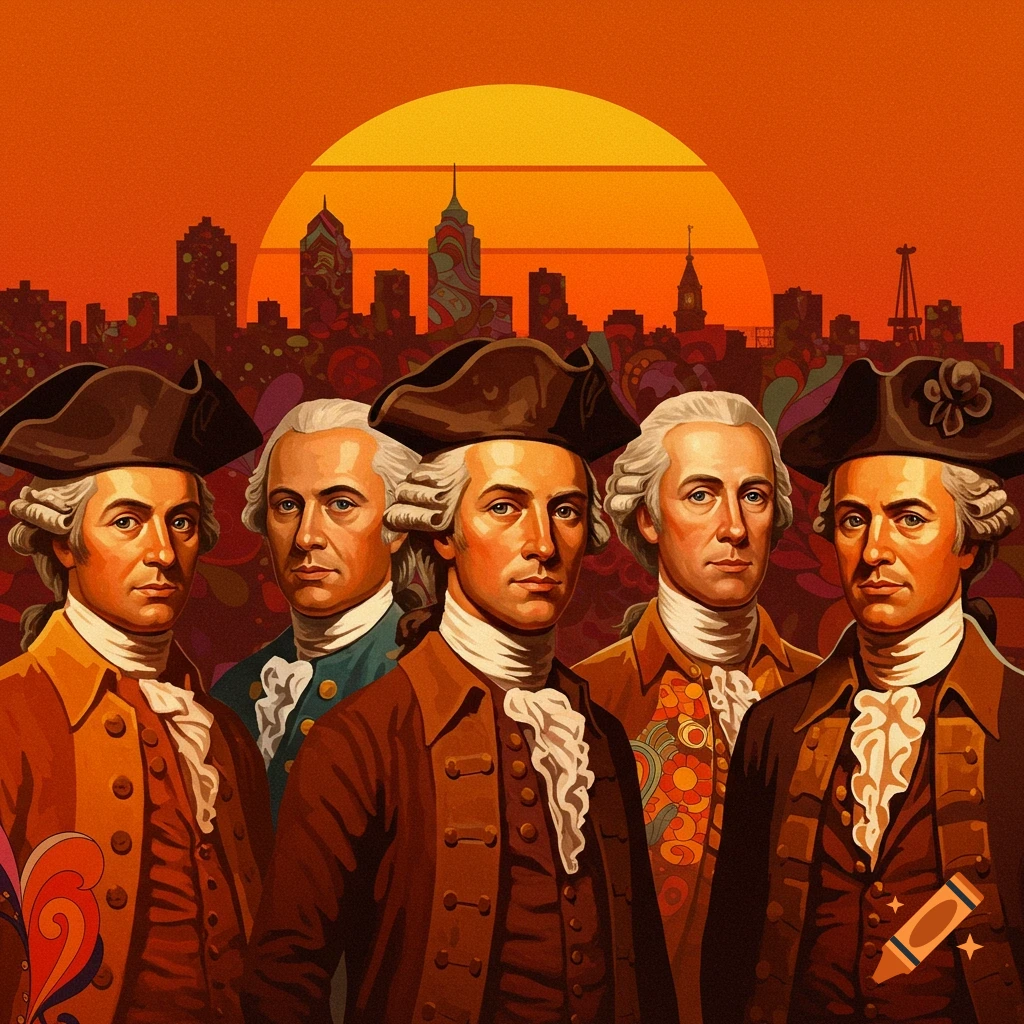 Five founding fathers in colonial attire with powdered wigs against a vibrant orange and yellow sunset city skyline in a 70s pop art style.