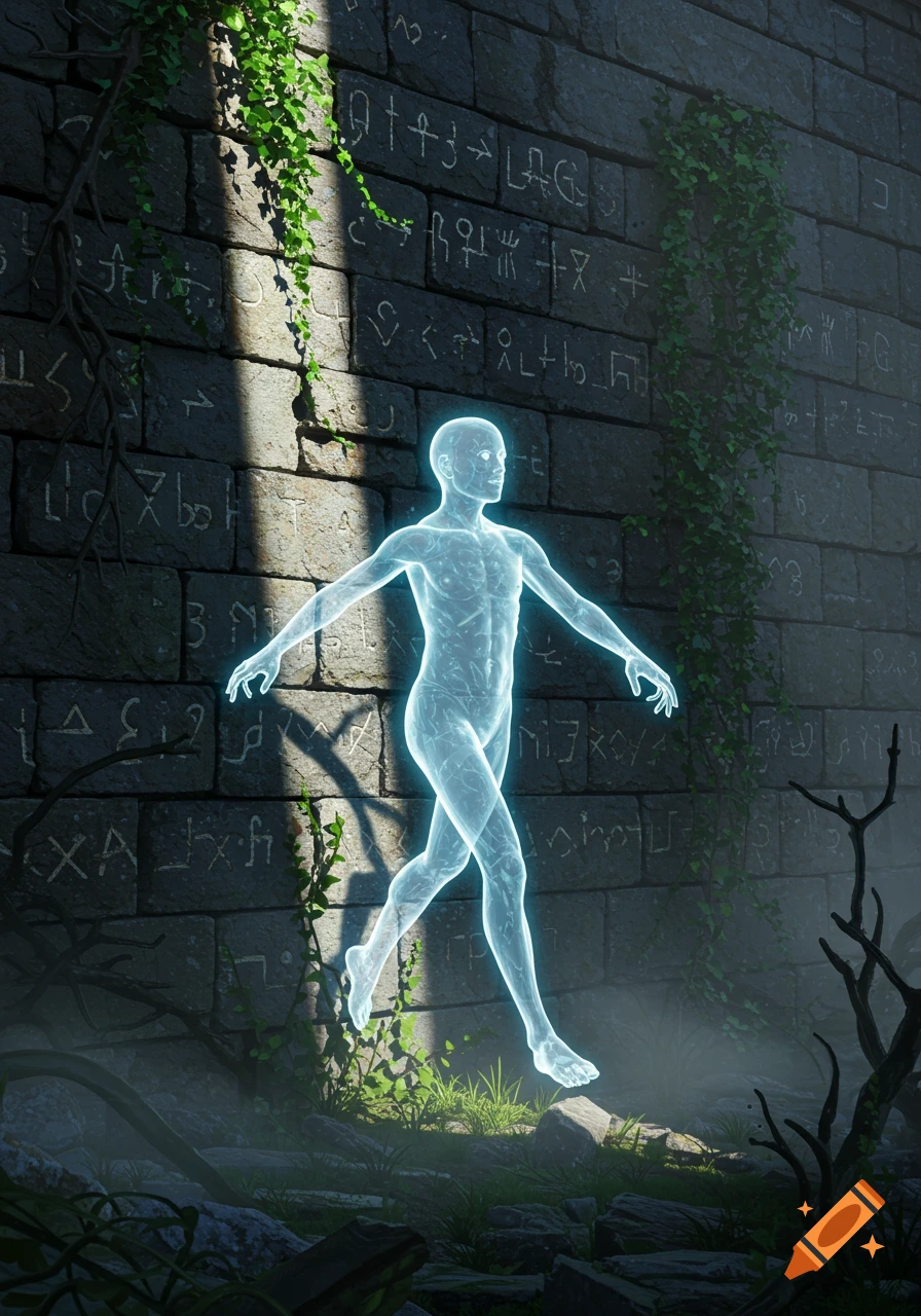 A glowing, translucent human figure phases through an ancient, ivy-covered stone wall with mysterious symbols, illuminated by light rays.