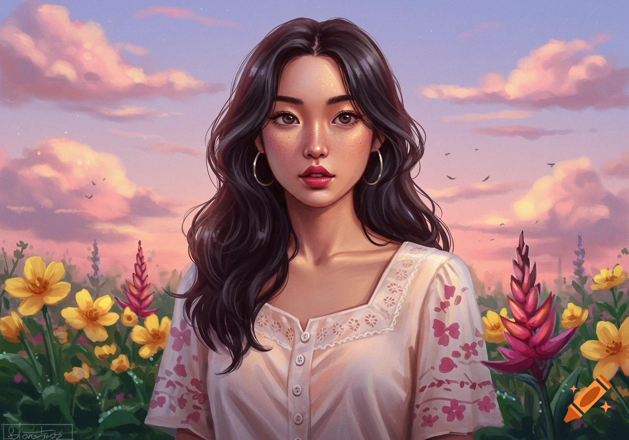 Digital painting of a young woman with dark hair and freckles in a white dress, standing in a field of yellow and pink flowers under a pastel sky.