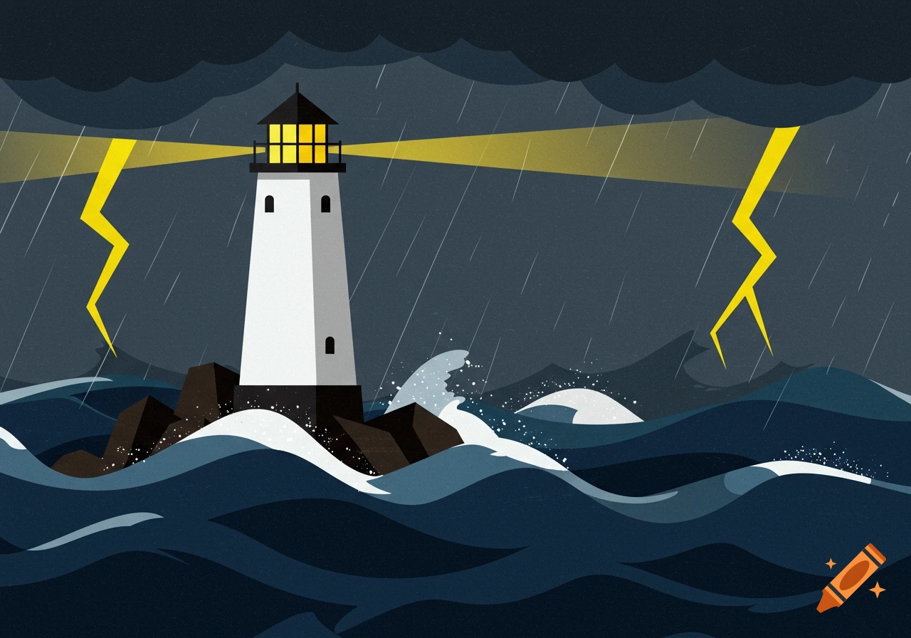 A stylized illustration of a lighthouse on rocks in a stormy, dark blue sea with rain and yellow lightning strikes.