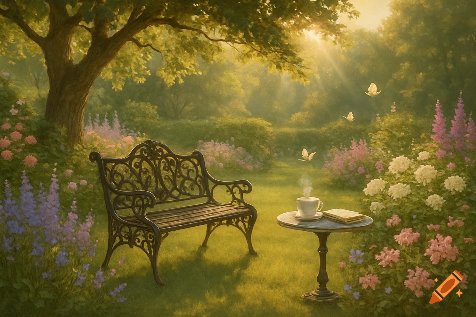 A peaceful garden scene with a wrought-iron bench, a small table with a teacup and book, lush greenery, and blooming flowers under dappled sunlight.