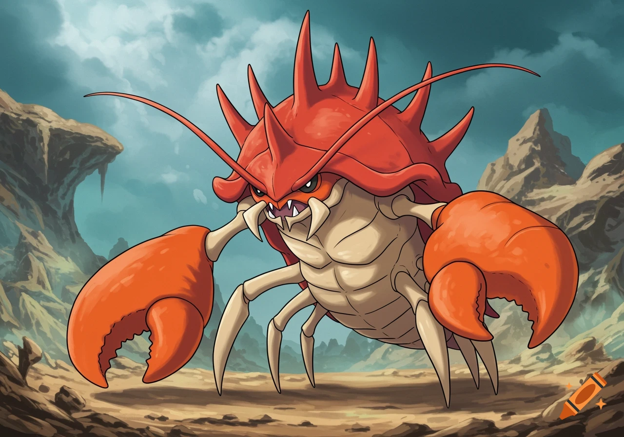 A large, red and tan crab-like Pokémon with a spiky shell and huge orange claws stands in a rocky landscape.