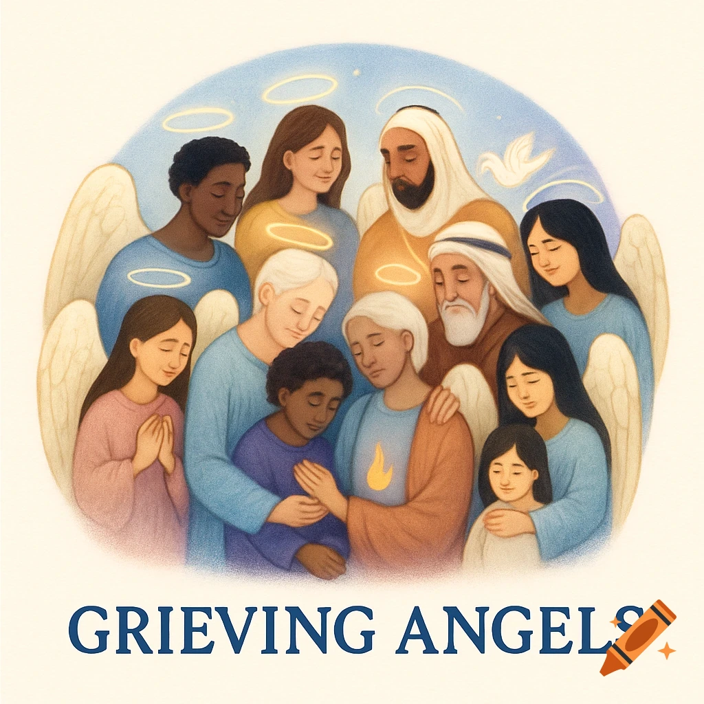 Stylized illustration of a diverse group of grieving angels with halos and wings, embracing each other, with 'GRIEVING ANGELS' text.