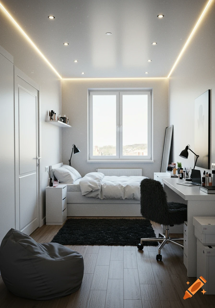 A modern, minimalist bedroom with white walls, a bed under a large window, a black furry chair at a white desk, a grey bean bag, and LED strip lighting.