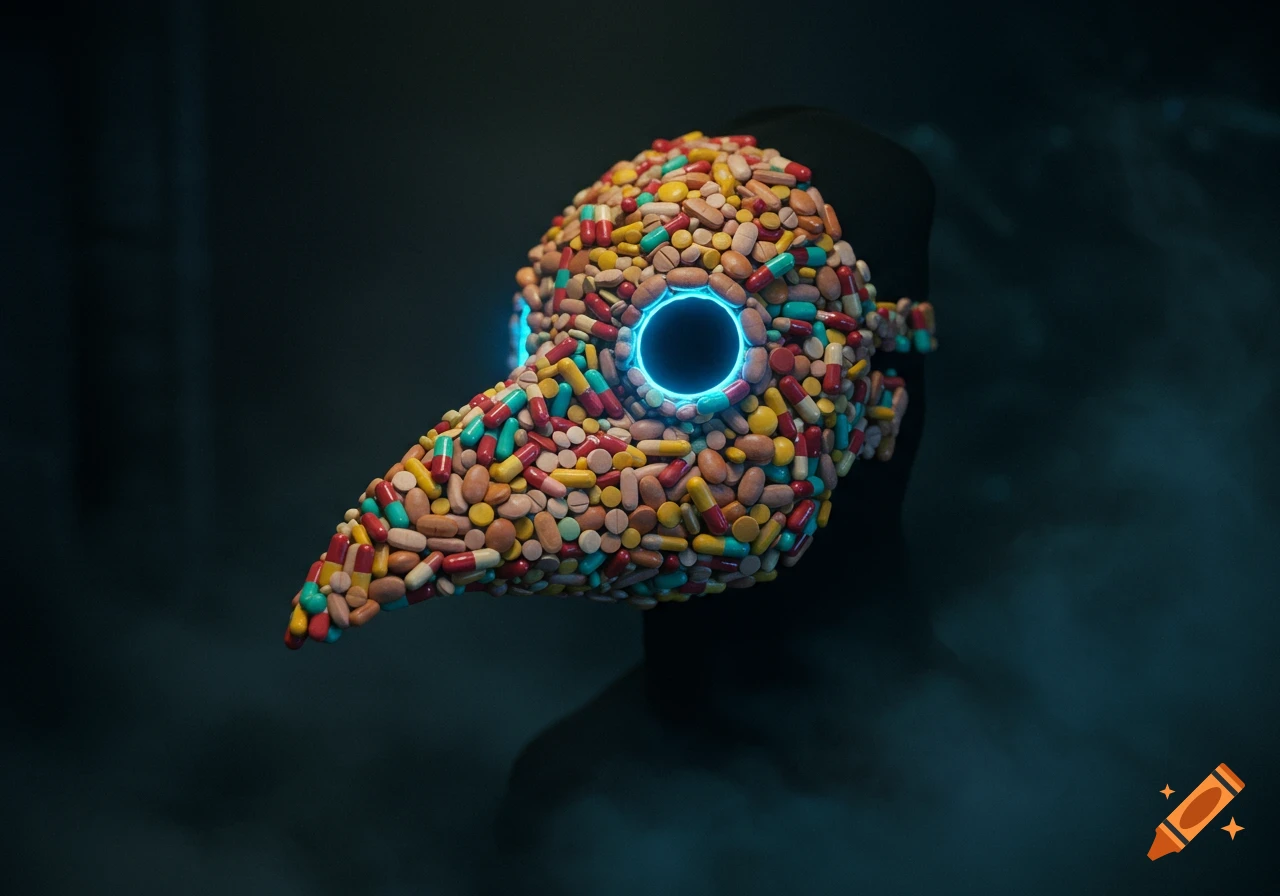 A photorealistic plague doctor's mask made of colorful pills, with glowing blue eyes, set against a dark, smoky background.