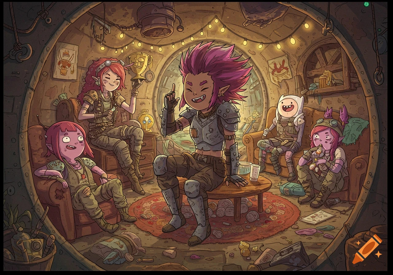 A group of cheerful cartoon raider characters in the Adventure Time style are hanging out in their cluttered, decorated underground base.