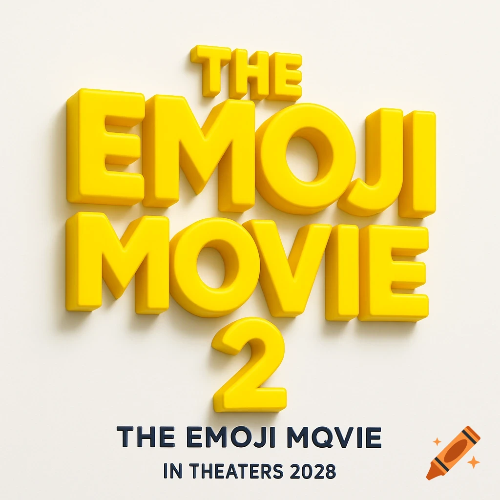 A movie poster for "THE EMOJI MOVIE 2" in bold yellow 3D text on a white background. Below, smaller text reads "THE EMOJI MQVIE IN THEATERS 2028."