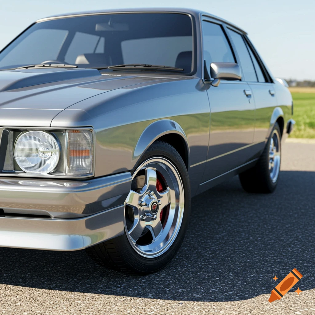 Photorealistic close-up of a silver classic car with chrome wheels on asphalt.