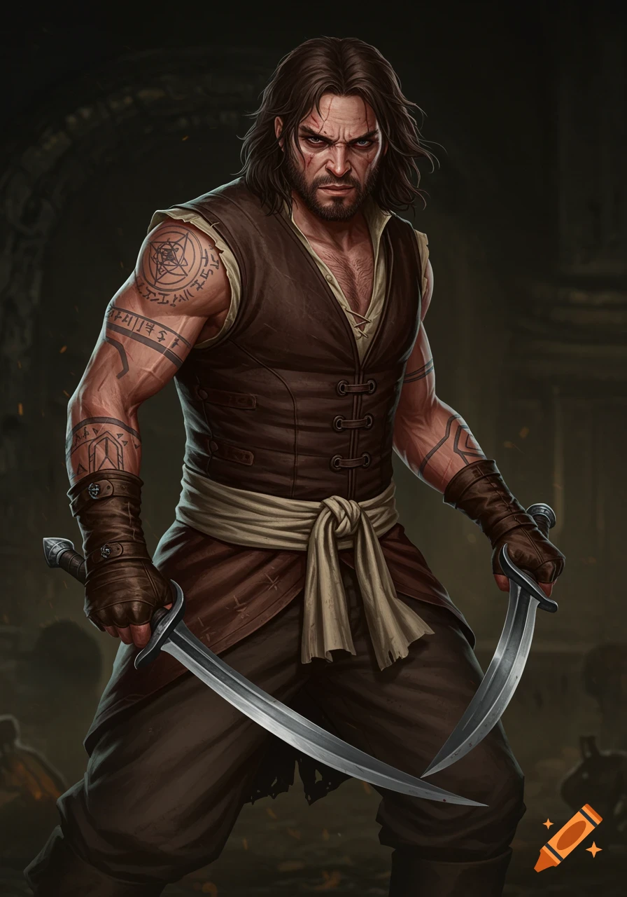 A formidable fantasy warrior with long dark hair, a beard, and intricate arcane tattoos, holding two curved swords.