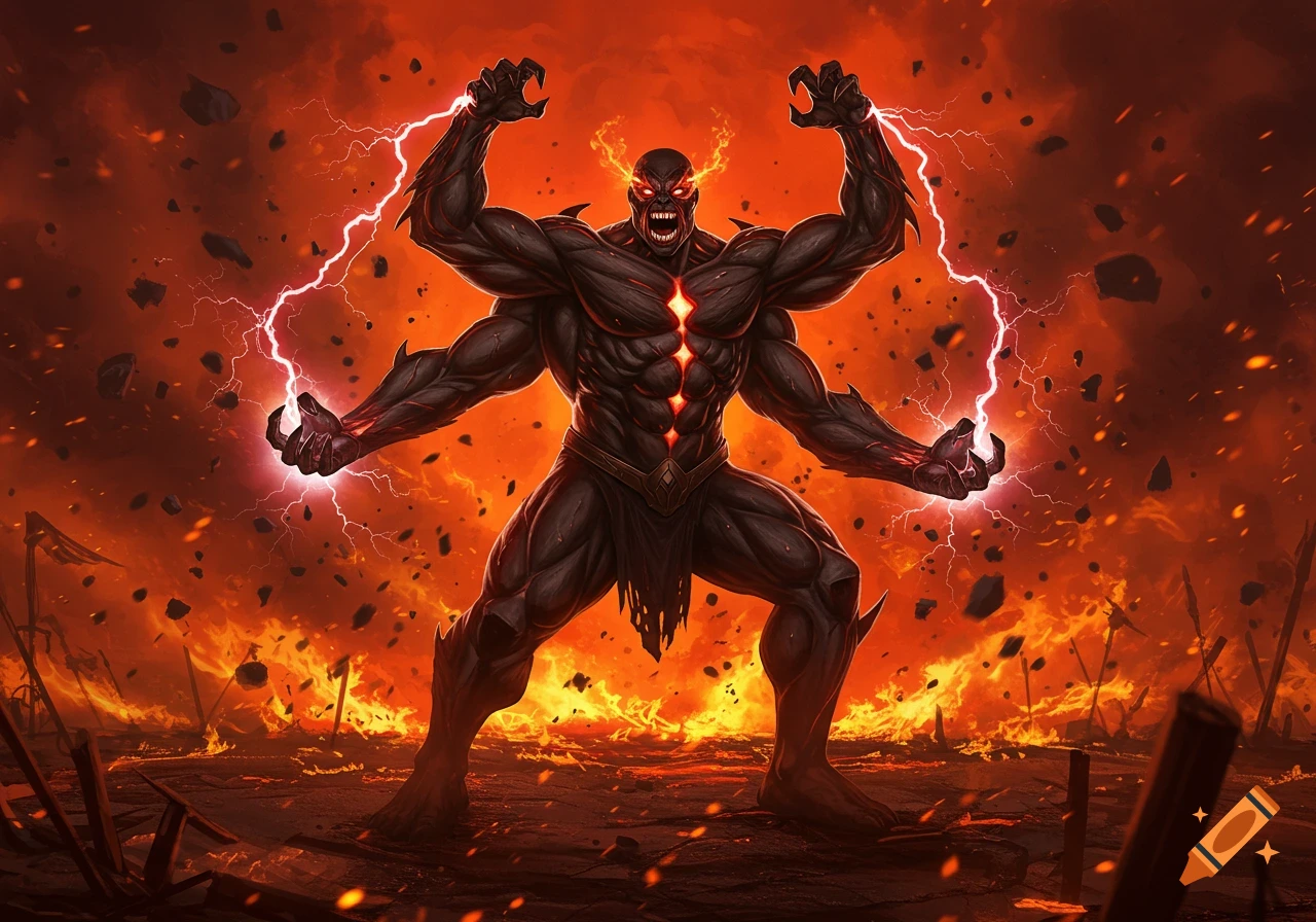 A terrifying, four-armed, dark supervillain with glowing red eyes and chest stands amidst a fiery, destroyed landscape, wielding lightning.