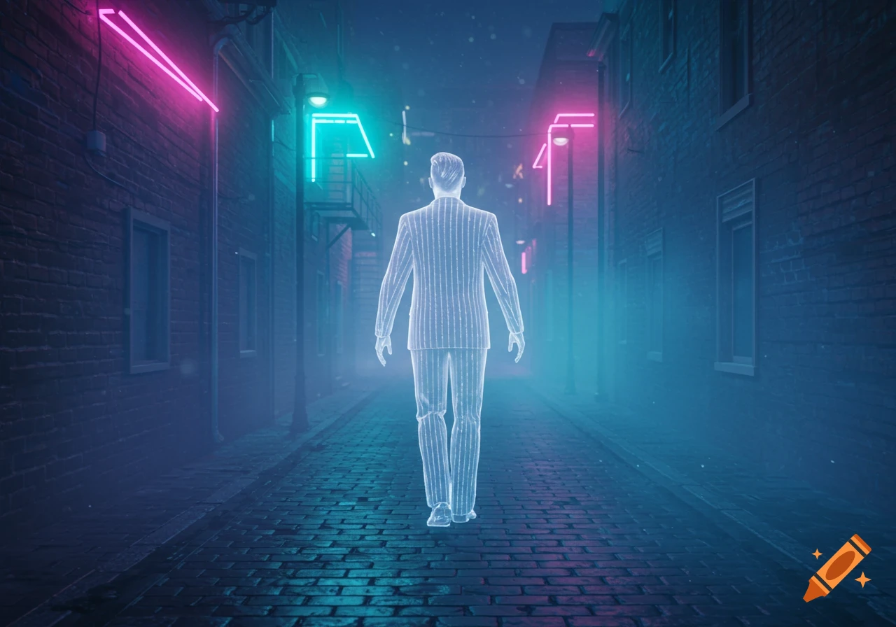 A glowing, translucent man in a pinstripe suit walks away down a dark, brick alley illuminated by pink and cyan neon lights.