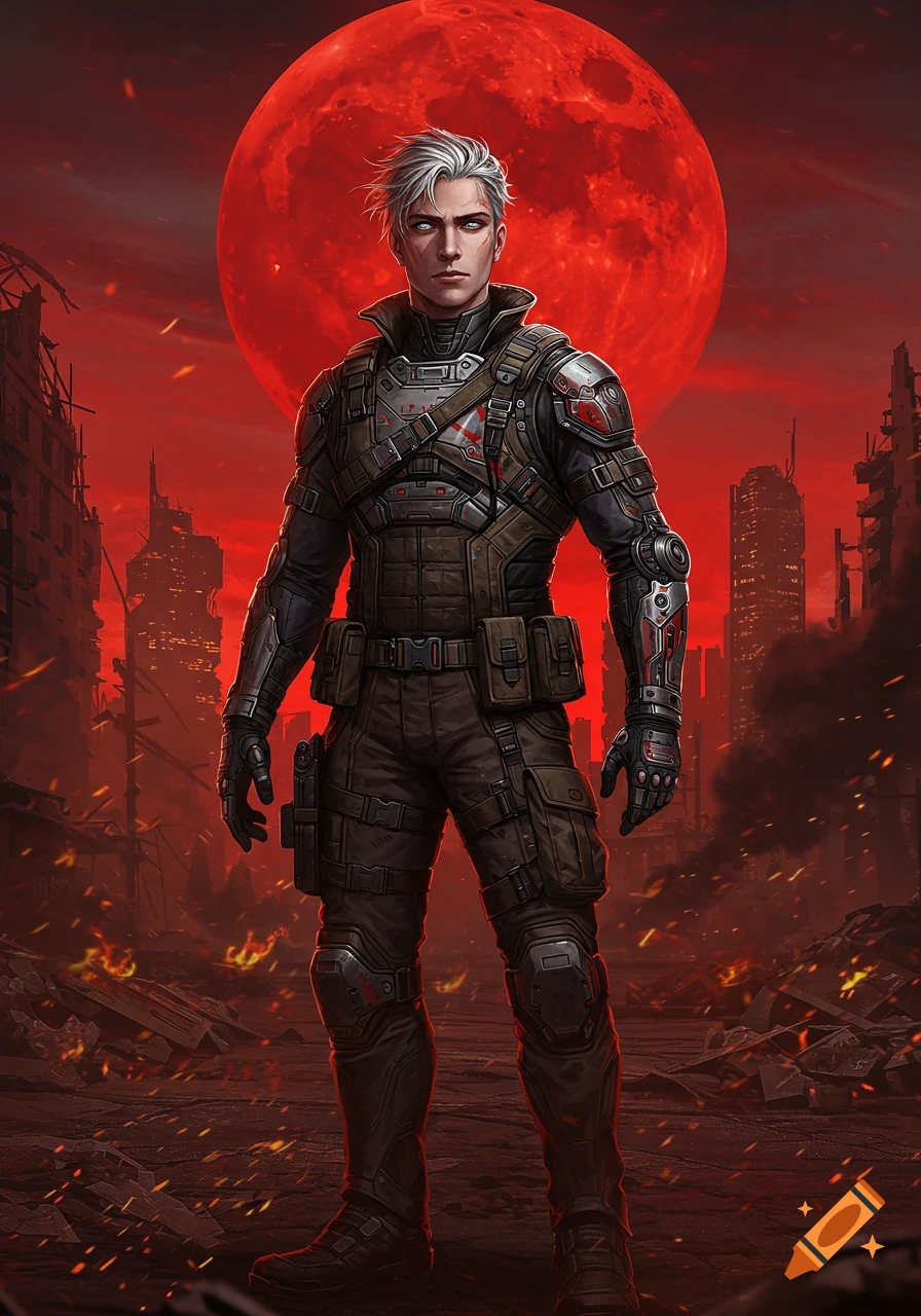 A male sci-fi soldier in tactical armor stands in a ruined city under a giant red moon, with debris and fires on the ground.