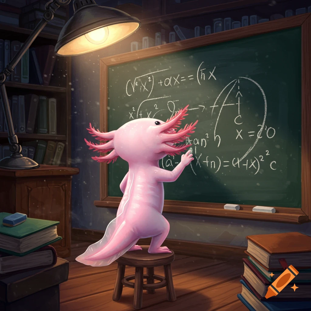 A cute pink axolotl standing on a stool, writing mathematical equations on a chalkboard in a cozy library.