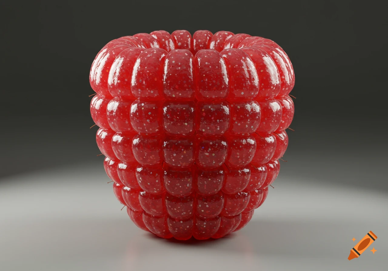 A close-up of a red, shiny glass raspberry with iridescent glitter on a grey background.