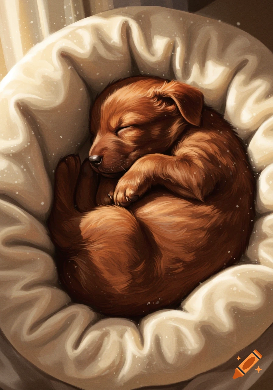 A dark red puppy sleeps curled up in a soft, white, fluffy bed, bathed in warm sunlight, illustration style.