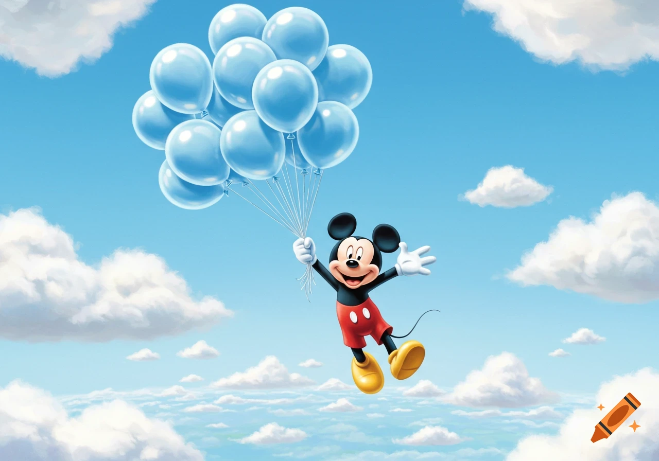 Mickey Mouse flying in a blue sky with white clouds, holding a bunch of light blue balloons.