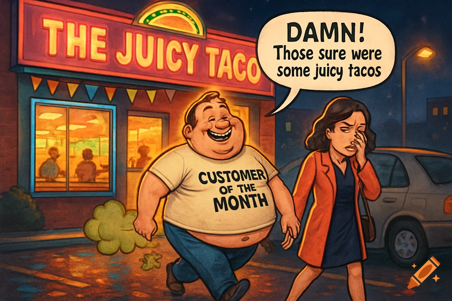 A cartoon man in a 'Customer of the Month' shirt farts after eating at 'The Juicy Taco', while a disgusted woman walks by.