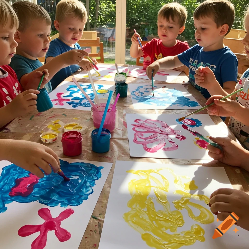 Young children sitting around a table, actively engaged in painting with colorful paints and brushes on paper.