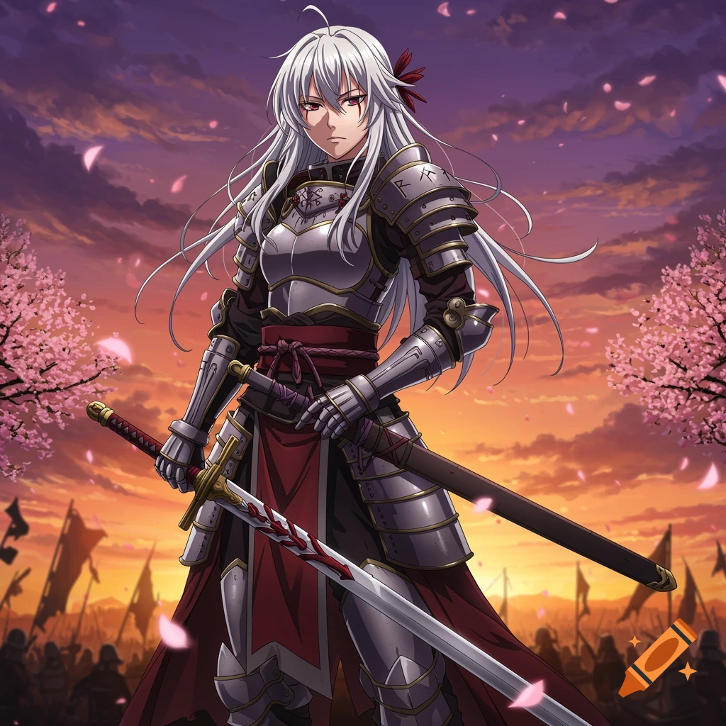 Anime warrior woman with white hair and red eyes, wearing silver armor and holding two swords, at sunset.