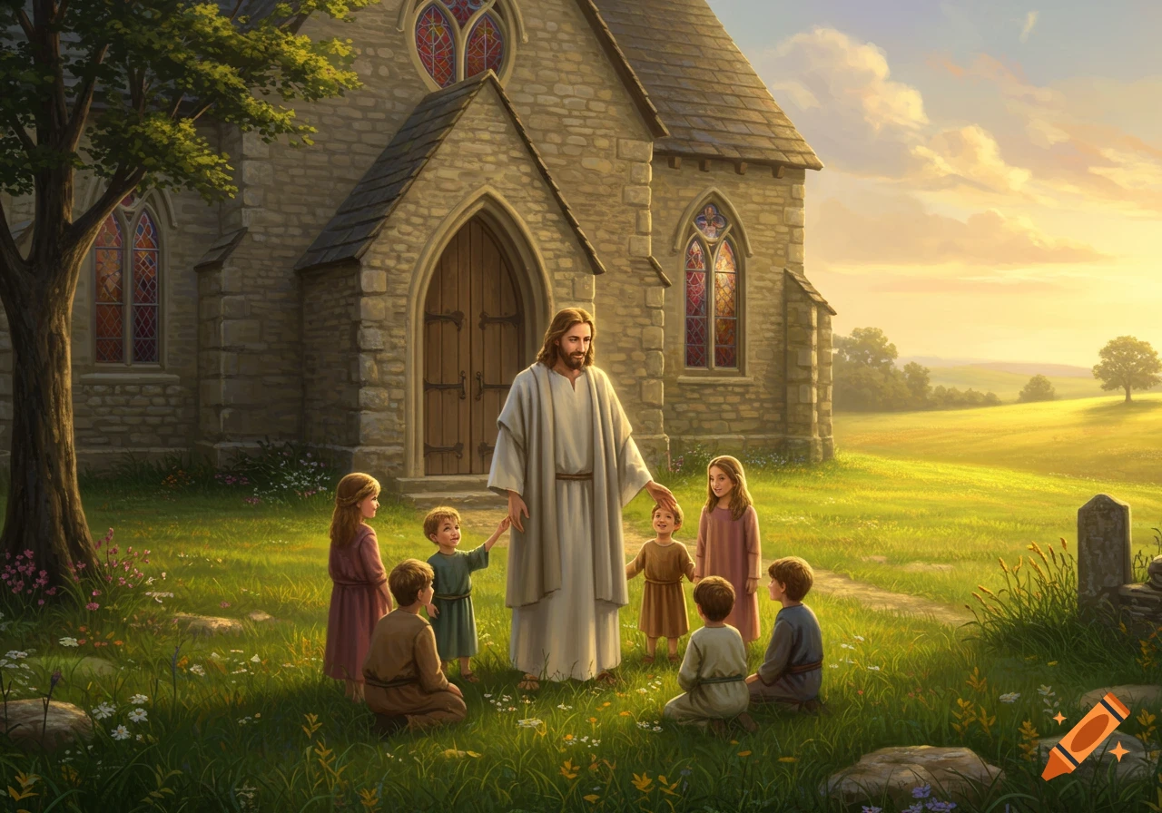 Jesus stands with a group of children in a grassy field outside a stone church under a bright sky.