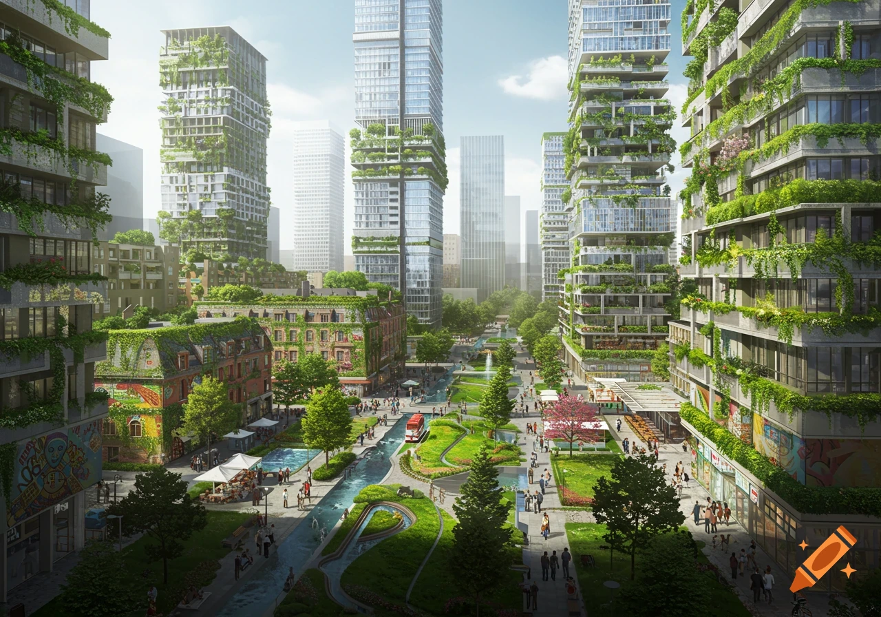 Photorealistic modern city with skyscrapers covered in lush green plants, winding streams, and people walking through parks.