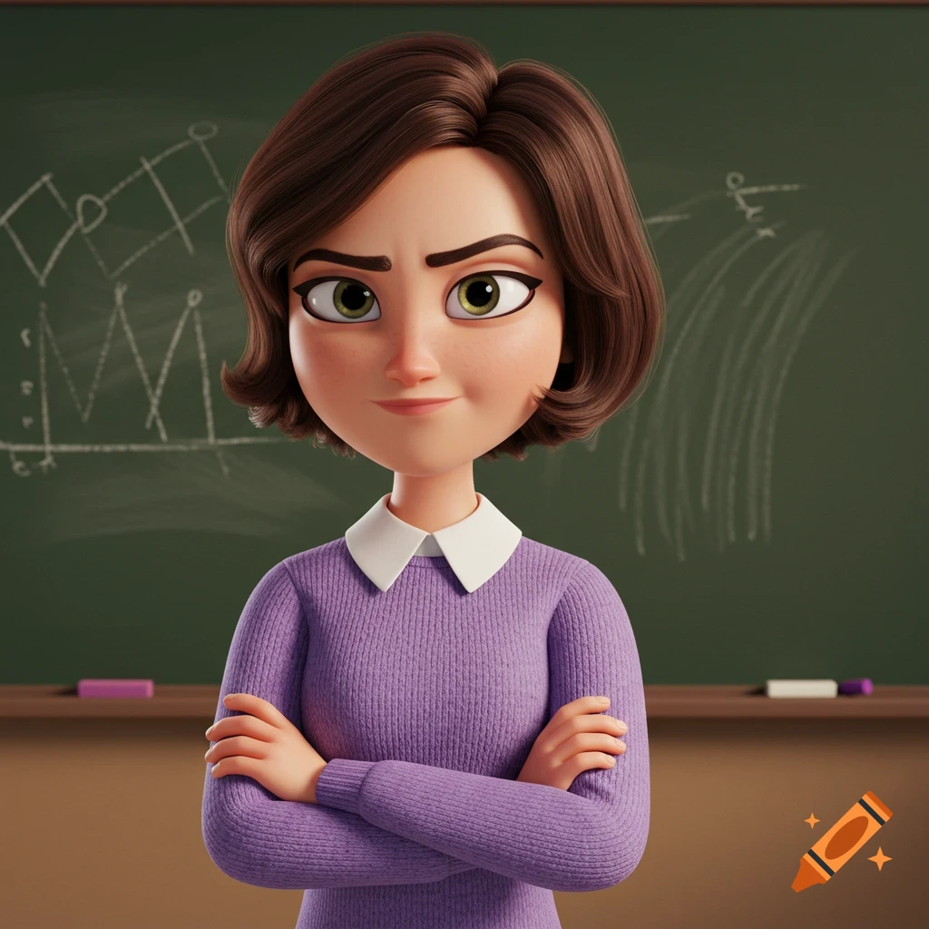 Pixar-style animated woman with short brown hair, unamused expression, crossed arms in a lavender sweater with white collar, in front of a blackboard.