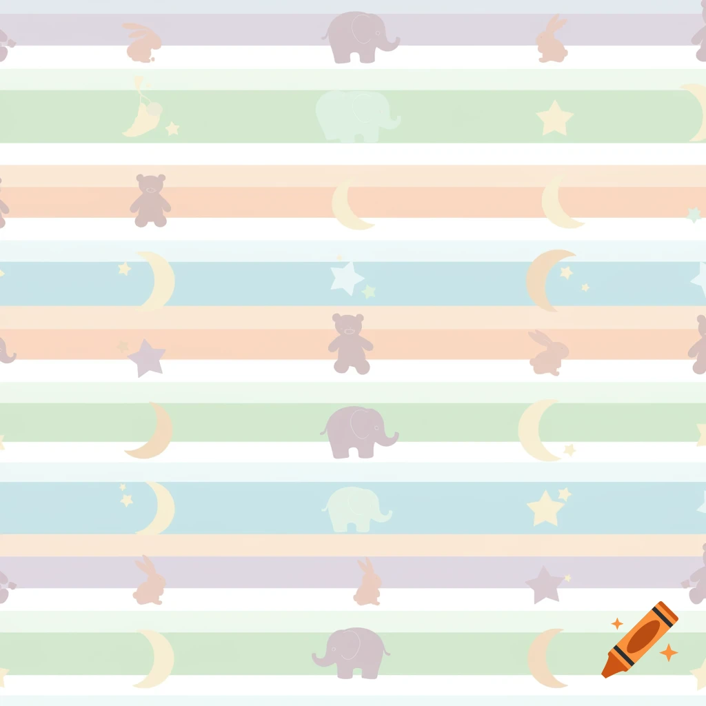 Seamless pastel striped pattern with cute baby animal silhouettes and celestial elements.