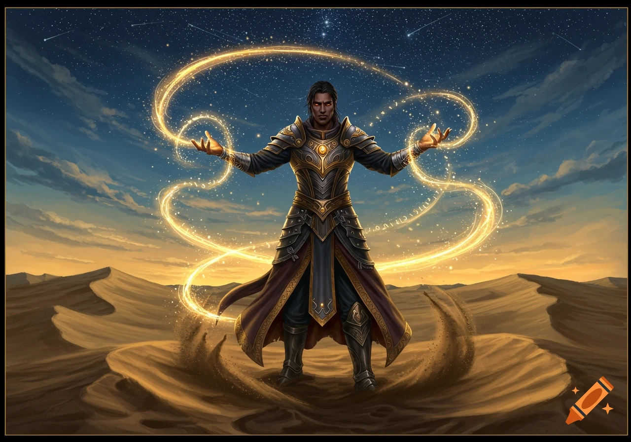 A dark-haired man in golden armor and magical robes stands in a desert, wielding golden magical energy that swirls around him under a starry sky.