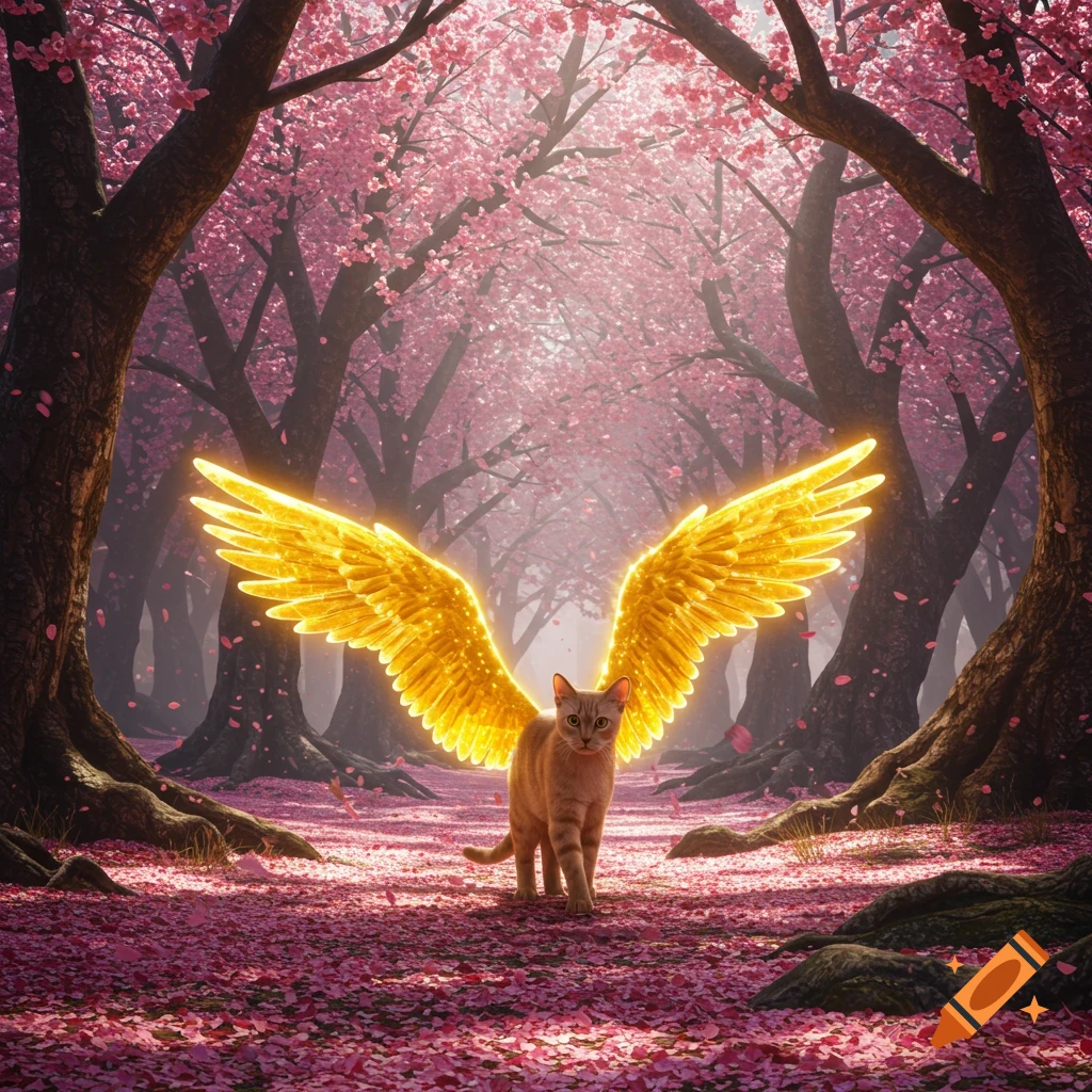 A tan cat with glowing golden wings walks through a vibrant cherry blossom forest with pink petals covering the ground.