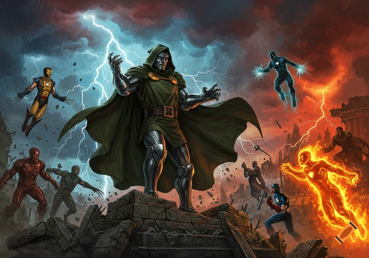 Dr. Doom commands lightning from a ruined city, battling Marvel superheroes like Wolverine, Human Torch, and Captain America in a dynamic comic book illustration.