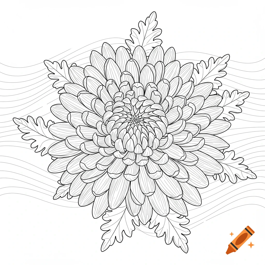 Black and white line art of a detailed chrysanthemum flower with leaves, suitable for a coloring page.
