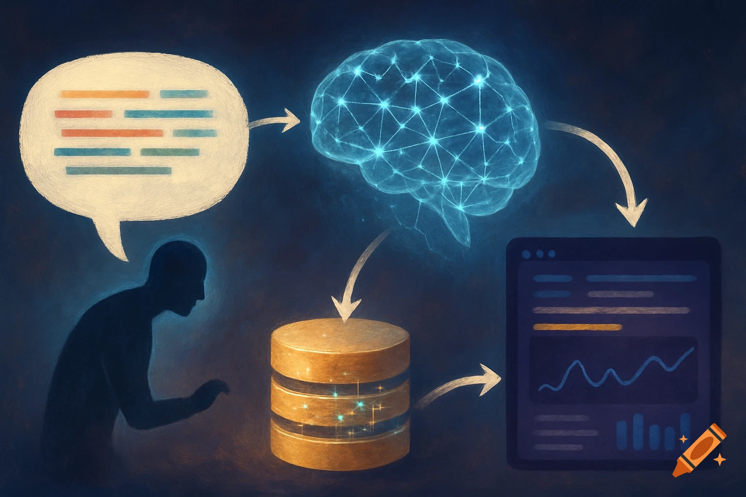 A stylized diagram illustrating a conceptual workflow: a human silhouette with a speech bubble, connected by arrows to a glowing AI brain, a data cylinder, and a screen displaying charts and information.