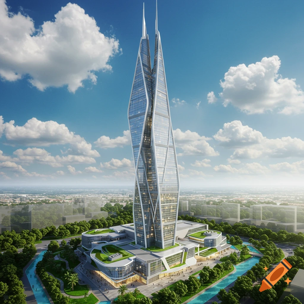 Photorealistic rendering of a tall, modern skyscraper with a twisted glass and steel design, surrounded by green spaces and water features in an urban setting.