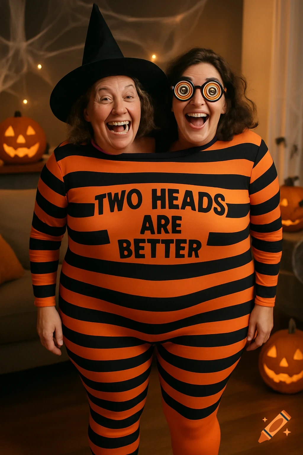 Two laughing women in an orange and black striped conjoined costume with the text 'TWO HEADS ARE BETTER' for Halloween.