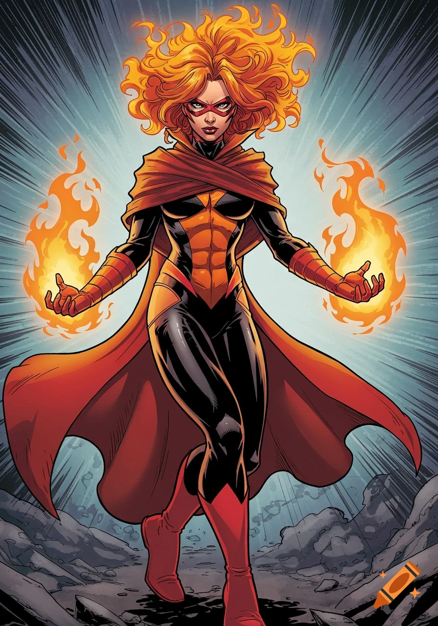 A comic book superhero with red hair and a black, orange, and red outfit, conjuring flames from her hands in classic comic style.