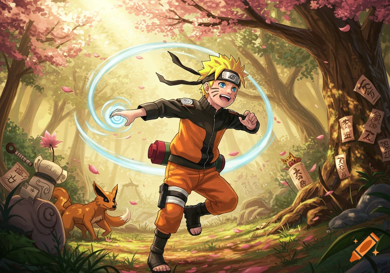 Naruto runs through a sunlit forest with pink blossoms and a fox-like creature, holding a blue energy orb.