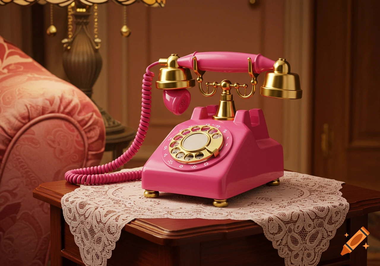 A hot pink old-fashioned rotary telephone with gold accents sits on a wooden side table with a white lace doily.