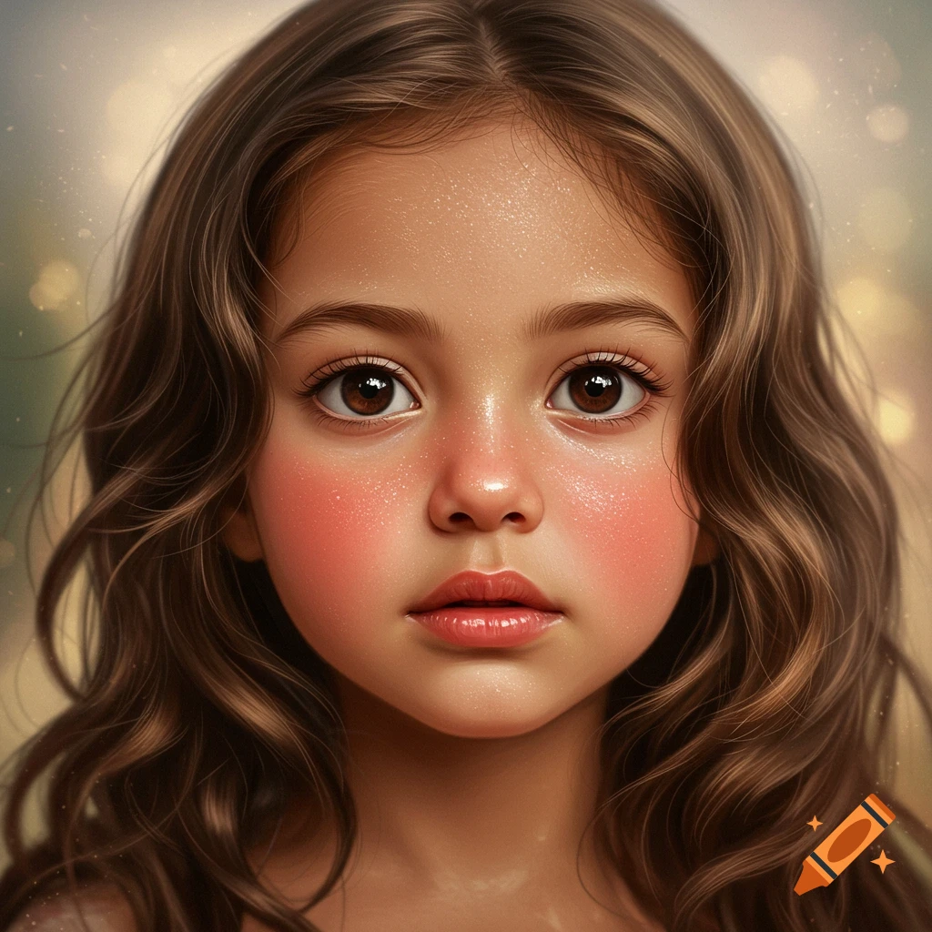 Close-up photorealistic portrait of a young girl with long brown wavy hair and brown eyes, looking directly at the viewer.