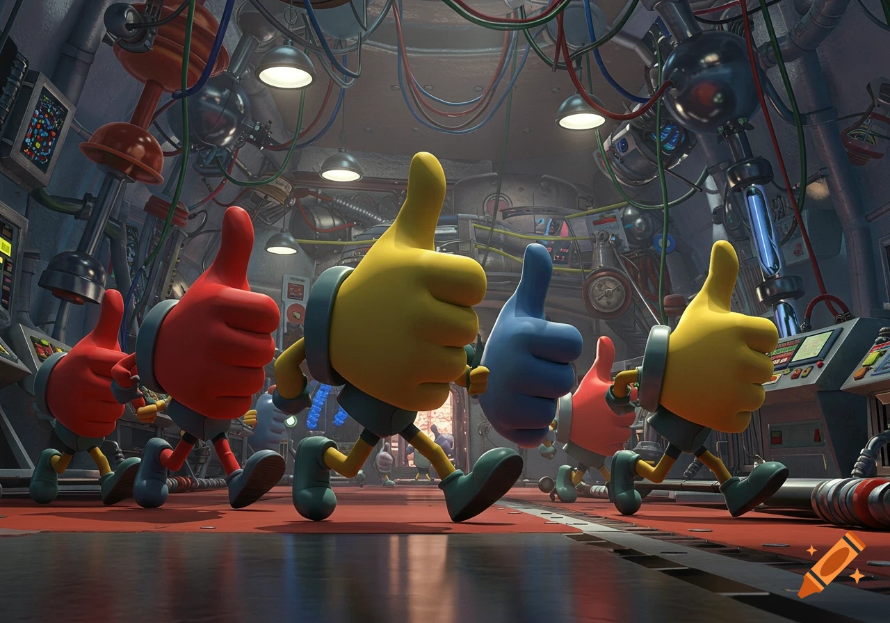 Colorful anthropomorphic thumbs with arms and legs walk through a complex, wire-filled mechanical room.
