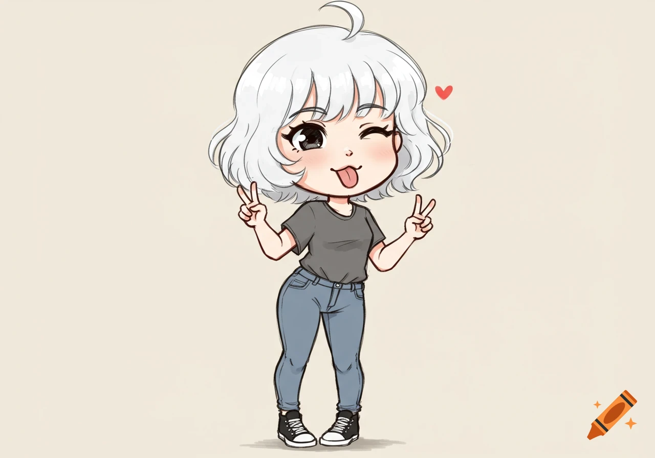A chibi cartoon character with white wavy hair, wearing a gray t-shirt and jeans, sticking her tongue out and making peace signs.