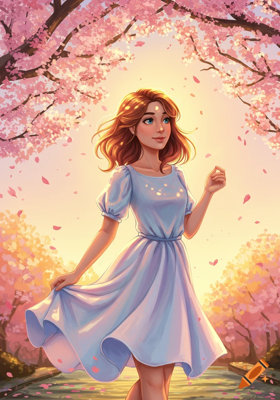 An anime-style illustration of a young woman with brown hair and a light blue dress, smiling while standing under blooming pink cherry blossom trees with petals falling.