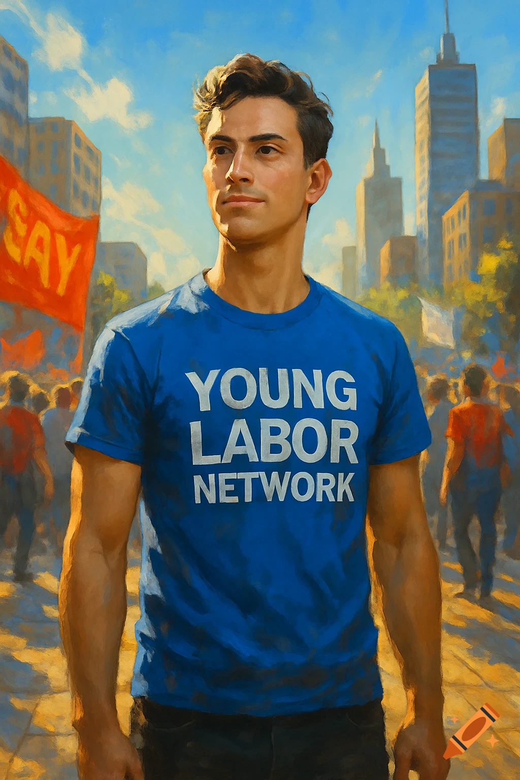 A painted portrait of a young man in a blue "Young Labor Network" t-shirt at a sunny city protest.
