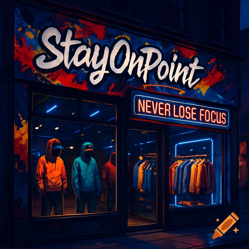 A night view of a glowing "StayOnPoint" streetwear shop with "NEVER LOSE FOCUS" in neon, mannequins in hoodies, and clothes racks inside.