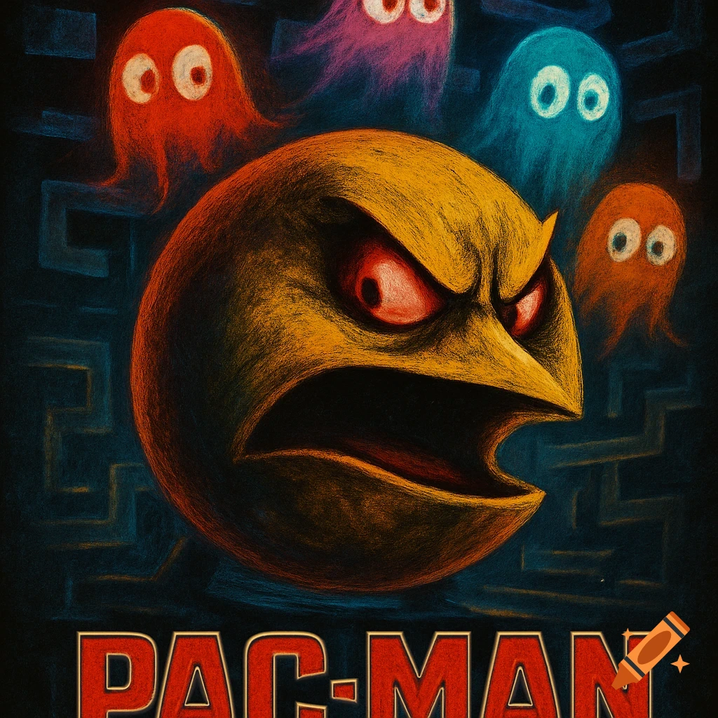 An 80s horror movie poster style illustration of an angry Pac-Man with red eyes and four ghosts in a dark maze. The title reads 'PAC-MAN'.
