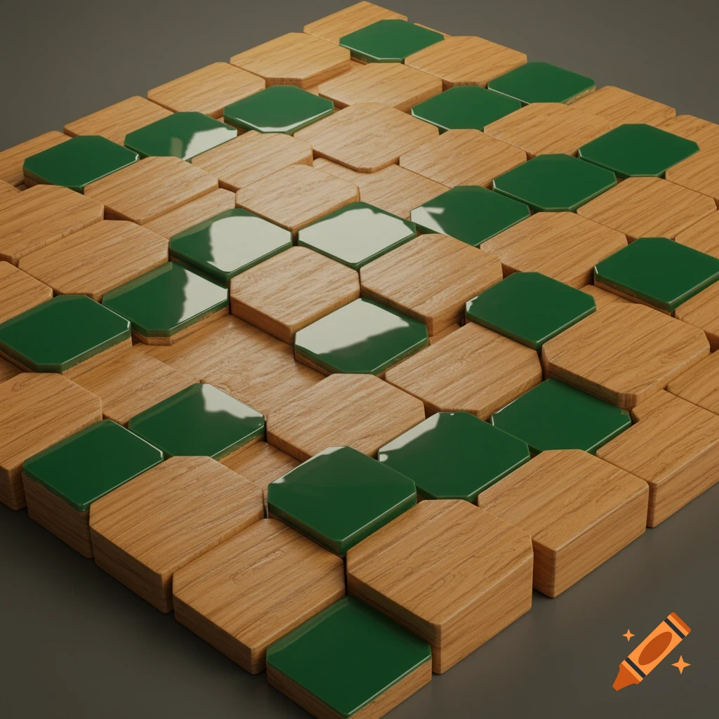 A top-down 3D render of a geometric pattern made of light brown wooden octagonal tiles and glossy green square tiles.