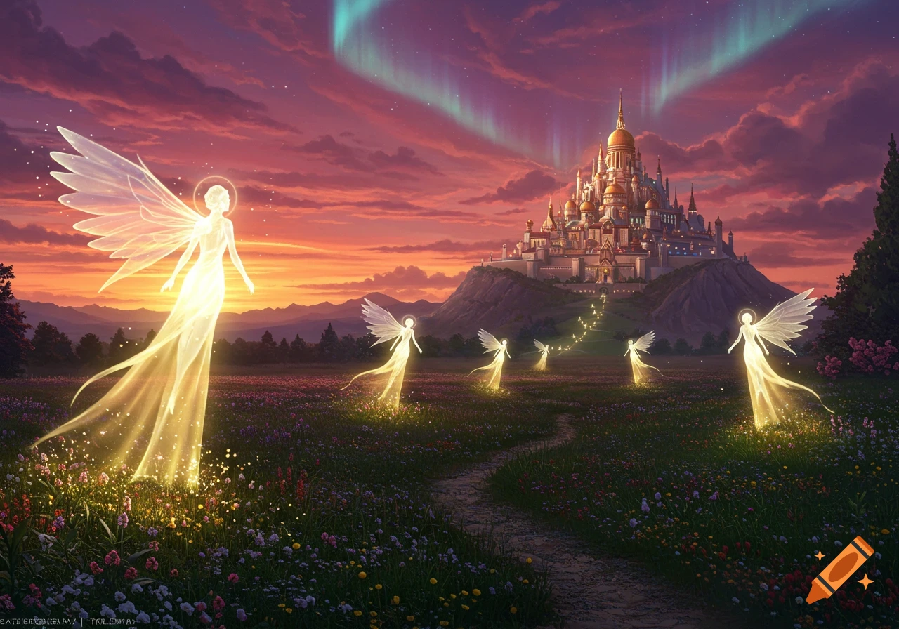 Glowing angels guide a path through a vibrant flower field towards a majestic golden kingdom at sunset under an aurora sky.